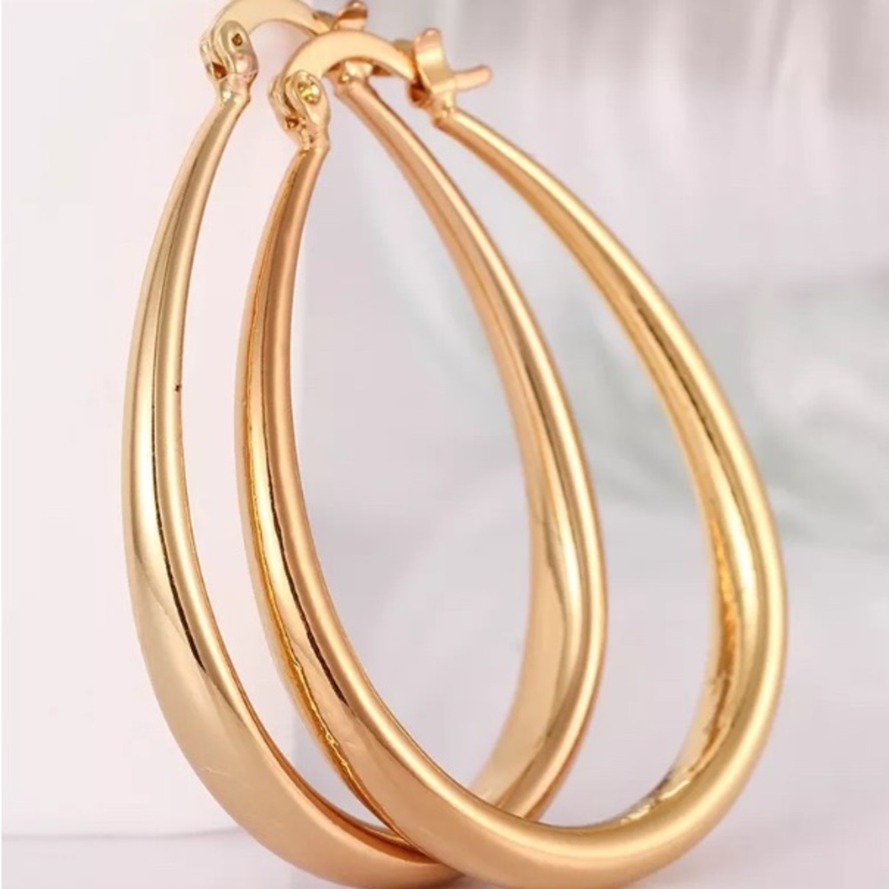 1 1/2” Gold Pltd. Teardrop Hoop Earrings